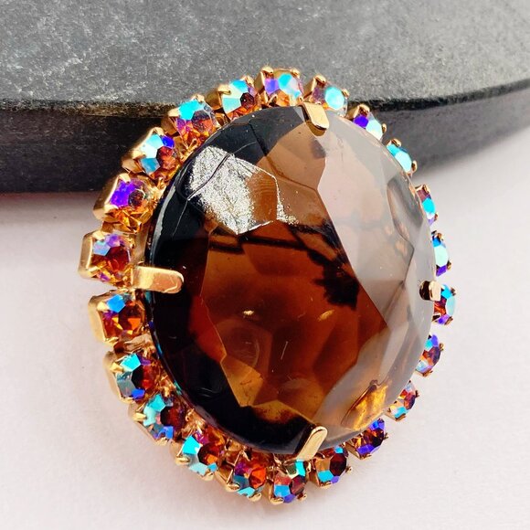 VINTAGE Big rhinestone and brown glass stone brooch ~ 1950s 1960s statement pin - Picture 7 of 9